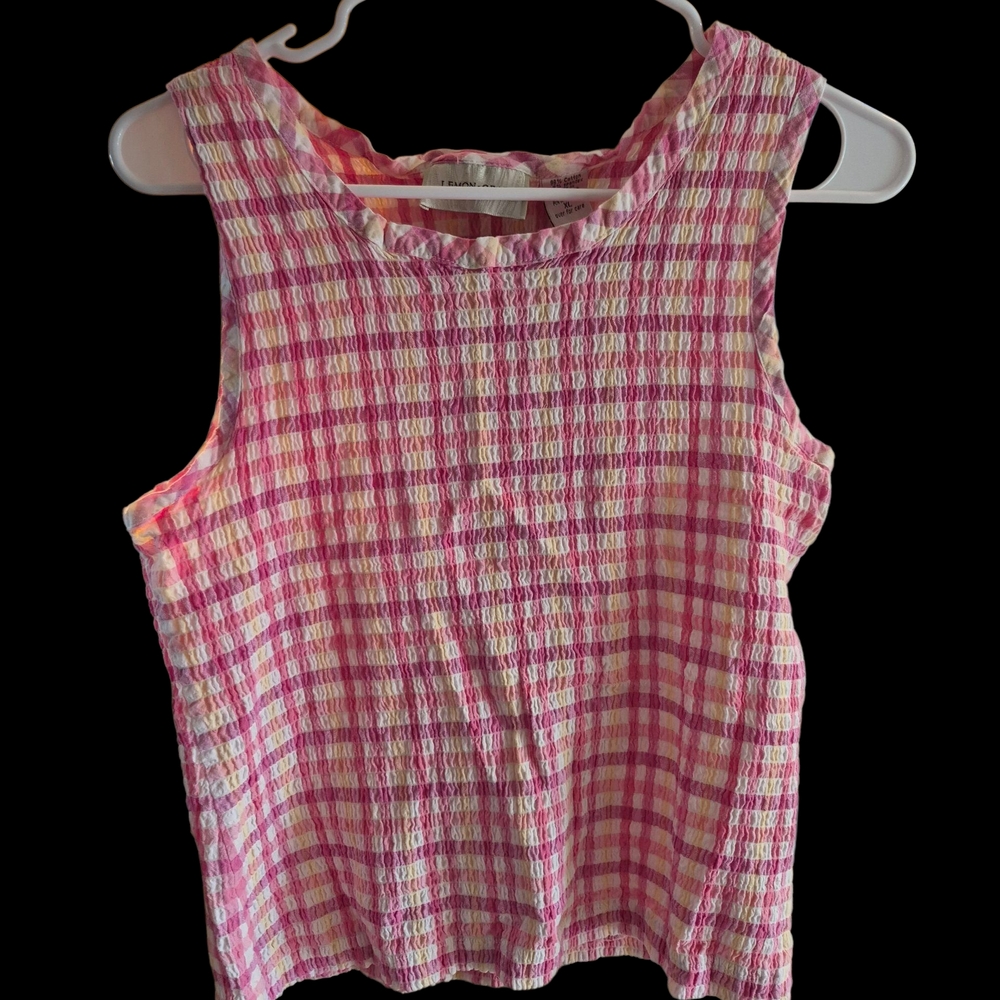 Lemon Grass Pink and White Gingham Plaid Waffle Top Y2k Xl